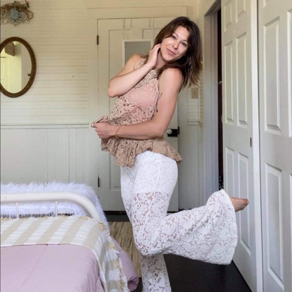 White lace flare leg lined boho stretch pants